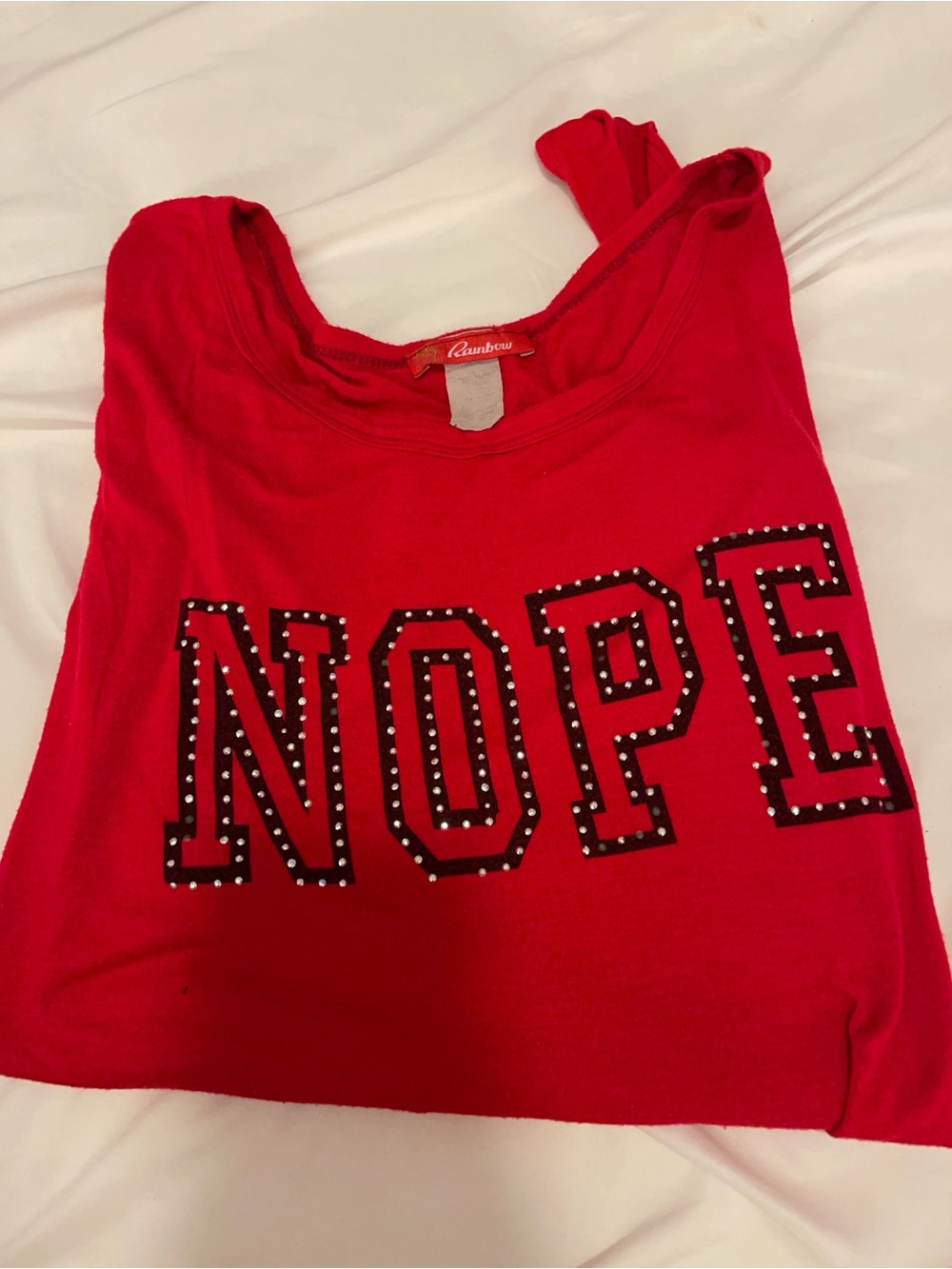 Rainbow Adult Red Tank Top with 'NOPE' Studded Graphic